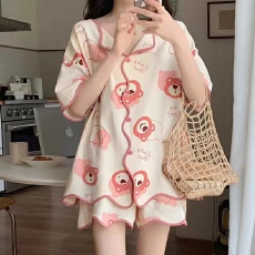 批发1092夏季韩版大码少女睡衣甜美可爱学生开衫舒适家居服女两件套装