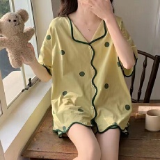 批发新夏季韩版大码少女睡衣甜美可爱学生开衫舒适家居服女士两件套装
