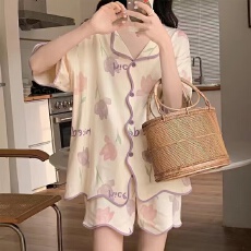 批发 夏季韩版少女睡衣甜美可爱学生开衫舒适家居服女士两件套装