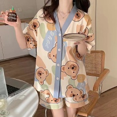 批发 夏季韩版大码少女睡衣甜美可爱开衫舒适家居服女士两件套装