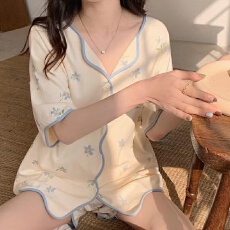 批发1099夏季韩版大码少女睡衣可爱学生开衫舒适家居服女士两件套装女