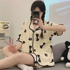批发夏季少女睡衣甜美可爱学生开衫+短裤舒适家居服女士两件套装