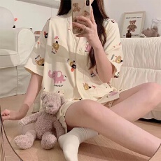 批发夏季少女睡衣甜美可爱学生开衫+短裤舒适家居服女士两件套装