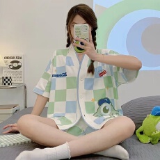 批发夏季少女睡衣甜美可爱学生开衫+短裤舒适家居服女士两件套装