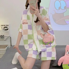 批发夏季少女睡衣甜美可爱学生开衫+短裤舒适家居服女士两件套装
