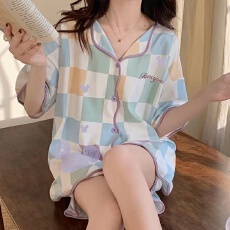 批发夏季少女睡衣甜美可爱学生开衫+短裤舒适家居服女士两件套装