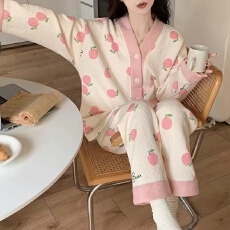 批发新款睡衣女春秋冬季纯棉长袖加厚夹层家居服卡通夹棉女士睡衣套装