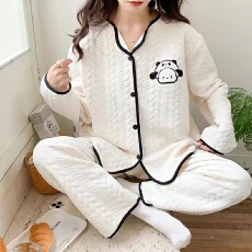 批发1120睡衣女春秋冬季纯棉长袖加厚夹层家居服卡通夹棉女士睡衣套装
