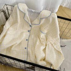 批发韩版格子纱布<b class='q'>睡衣</b>女甜美新款ins长袖长裤春秋季少女家居服两件套