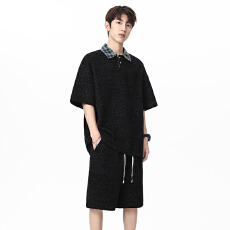 批发新款休闲套装<b class='q'>夏</b>季男款美式条纹短袖短裤痞帅宽松运动复古款两件套