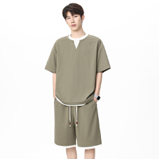 批发<b class='q'>夏</b>季新款美式潮牌设计感短袖t恤男假两件半袖V领纯色宽松休闲上衣