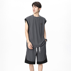 批发<b class='q'>夏</b>季新款跑步运动短袖短裤休闲背心套装男冰感速干无袖t恤两件套