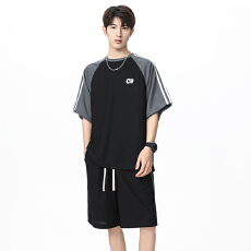 批发<b class='q'>夏</b>季新款潮牌男士插肩设计感短袖街头美式运动休闲圆领t恤两套装