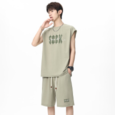 批发美式字母坎肩背心休闲套装男潮牌高街宽松痞帅运动上衣短裤两件套