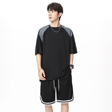 批发美式休闲两件套圆领上衣男士新款<b class='q'>夏</b>季潮牌高级感痞帅短袖裤子套装