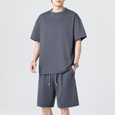 批发男士<b class='q'>夏</b>季新款潮流短袖套装短裤休闲薄款运动套装宽松冰爽纯色百搭