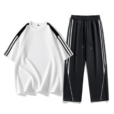 批发实拍夏季新款拼色休闲运动套装新款宽松短袖长裤潮牌两件套学生装