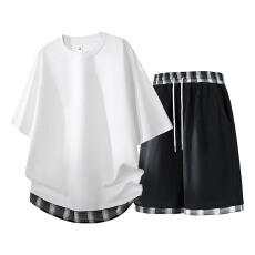 批发格子假两件休闲运动套装男士夏季新款潮流宽松短袖T恤短裤两件套