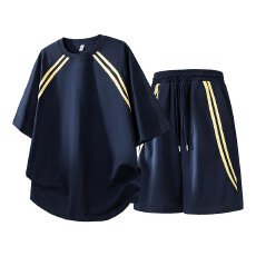 批发夏季实拍休闲运动男士套装潮牌夏季宽松条纹短袖上衣裤子两件套