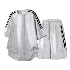 批发男士冰感条纹短袖t恤套装夏季半袖运动两件套休闲圆领体恤短裤潮