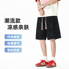 批发短裤男夏季新款薄款宽松系带冰感花纹潮牌青少年学生五分中裤子