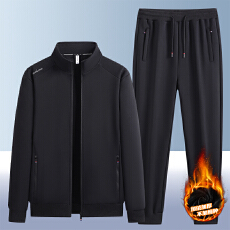 批发加绒套装男女休闲运动拉链开衫卫衣两件套装宽松大码加绒纯色公版