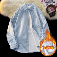 一体绒保暖长袖衬衫简约商务条纹休闲男士口袋衬衣保暖舒适上衣