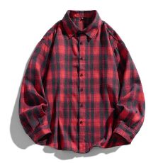 批发跨境新款男士日系复古格子上衣潮流情侣款宽松休闲舒适百搭衬衫