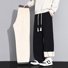 批发男士羊羔绒直筒裤男2025新款秋冬季加绒加厚裤子宽松休闲运动卫裤