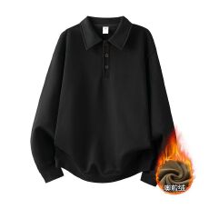 翻领纯色青年简约休闲加绒保暖长袖卫衣加厚商务冬季POLO衫上衣