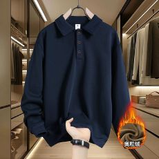 翻领纯色青年简约休闲加绒保暖长袖卫衣加厚商务冬季POLO衫上衣