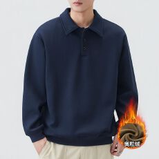 翻领纯色青年简约休闲加绒保暖长袖卫衣加厚商务冬季POLO衫上衣