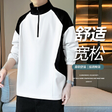 批发跨境新款<b class='q'>秋</b>季高品质插色拼接半拉链立领潮牌套头衫百搭卫衣情侣款