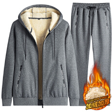 秋冬新款男士羊羔绒加厚保暖连帽开衫休闲运动套装两件套外套男潮
