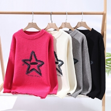 跨境潮牌高品质秋冬款字母印花毛衣美式打底衫宽松圆领保暖针织衫