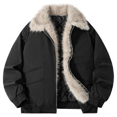 批发跨境男士潮牌帅气高颜值宽松男女情侣加绒加厚大毛领夹克棉服外套