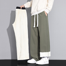 批发跨境羊羔绒休闲裤男款冬季加绒加厚保暖防寒美式潮牌宽松直筒长裤