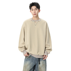 批发跨境男士圆领刺绣卫衣秋季2025新款美式重磅刺绣上衣长袖打底内搭