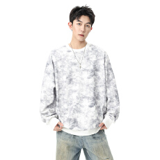 批发跨境美式扎染重磅圆领卫衣男士春秋内搭潮牌宽松长袖t恤休闲上衣