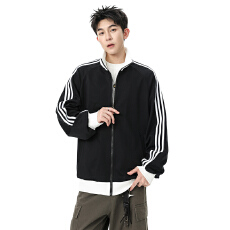 批发跨境美式复古三条纹撞色拼接设计感春秋流行重磅百搭开衫外套夹克