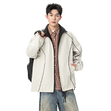 批发跨境男士外套春秋运动夹克宽松立领美式拼接设计满天星双面穿上衣