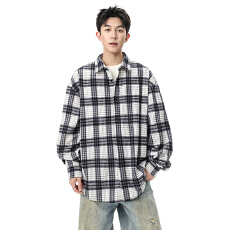 批发跨境灯芯绒复古长袖衬衫男士春秋季2025新款潮牌宽松格子衬衣外套