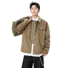 批发跨境潮流翻毛格子外套男士春秋季高级感帅气百搭翻领宽松工装夹克