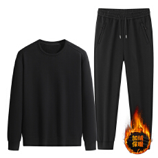 批发跨境秋冬男士新款加绒加厚保暖两件套内搭圆领卫衣休闲裤运动套装