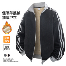 批发跨境开衫加绒卫衣男春<b class='q'>秋</b>美式条纹立领夹克青少年复古休闲上衣外套