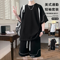 批发夏季新品运动套装男士跑步速干圆领短袖T恤宽松打球训练服两件套