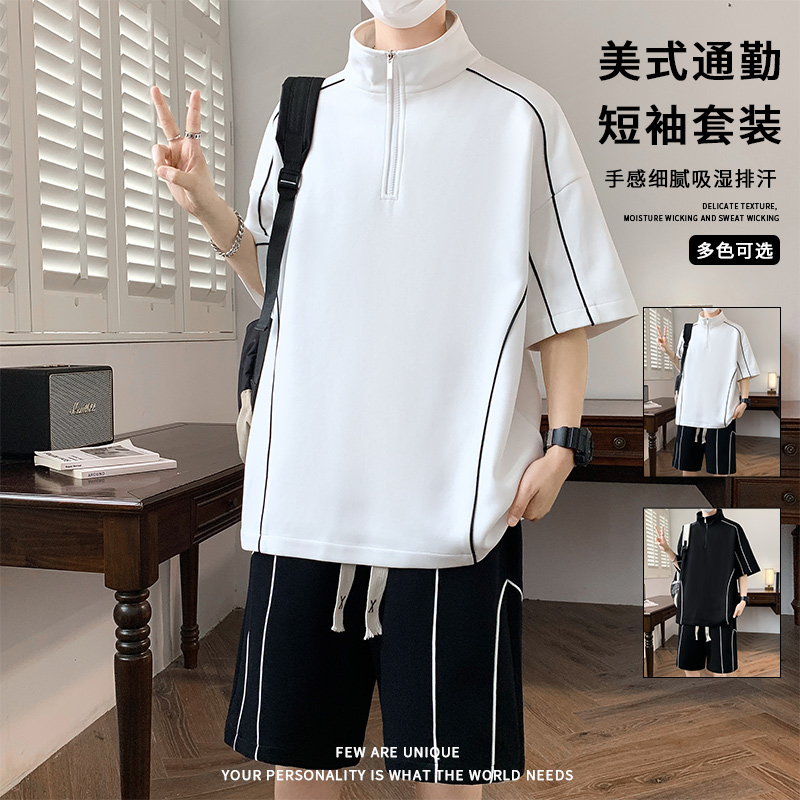 여름 신제품 스포츠 슈트 남성 실행 페이스 건조한 라운드 넥 반팔 티셔츠 루즈핏 연주 중 훈련 서비스 투피스 세트