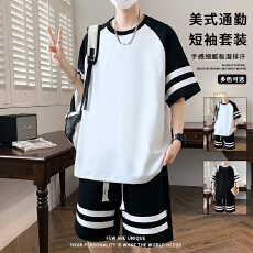 批发夏季新品运动套装男士跑步速干圆领短袖T恤宽松打球训练服两件套