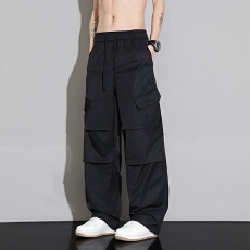批发跨境潮牌宽松春夏纯色伞兵工装裤<b class='q'>男士</b>平口直筒阔腿裤简约休闲<b class='q'>裤子</b>