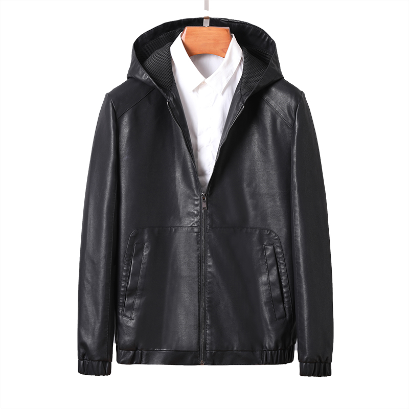 국경 간 레트로 후드 루즈핏 PU 가죽 외투 남성 의류 디자인 작은 대중 아메리칸 지퍼 검정색 가죽 자켓 맨위